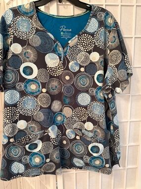 Premier Teal and Brown Circular Pattern Scrub Top